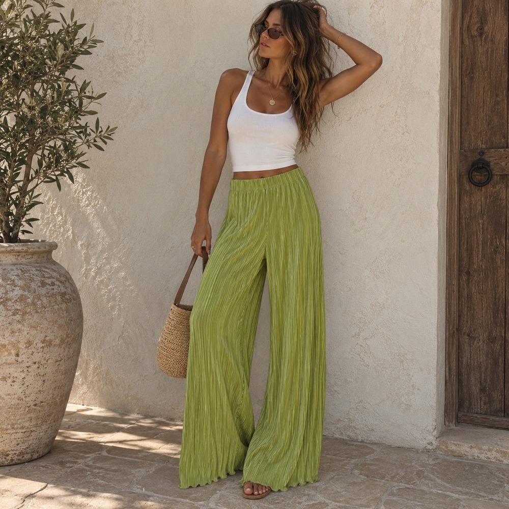 Peppermayo Lime Green Plisse Wide Leg High Waisted Pants Size 6 Resort Y2K Lined